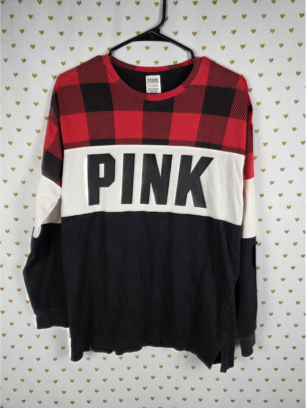 Victorias Secret PINK BUFFALO PLAID Colorblock Long Sleeve Sweater Shirt SMALL